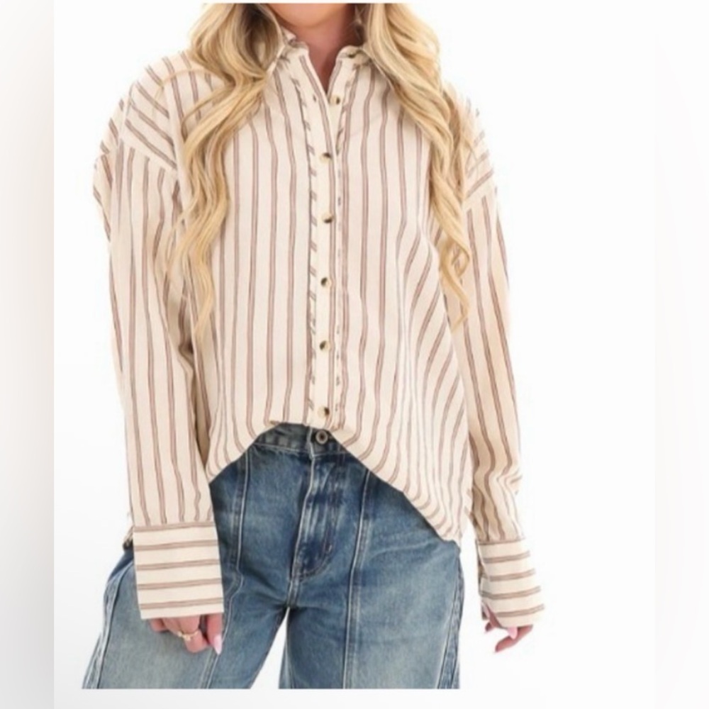 Free People Varsity Vibes Stripe Oversize Cotton Button-Up Shirt LG NWT - Picture 3 of 9